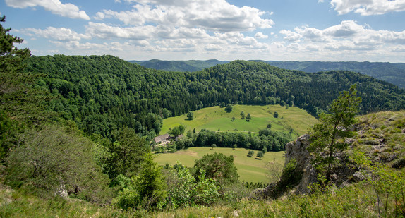 Blick vom Böllat über das Wannental zur Schalksburg. Landschaftsschutzgebiet Albstadt-Bitz (Bild: Wikimedia Commons, Rainer Halama CC BY-SA).