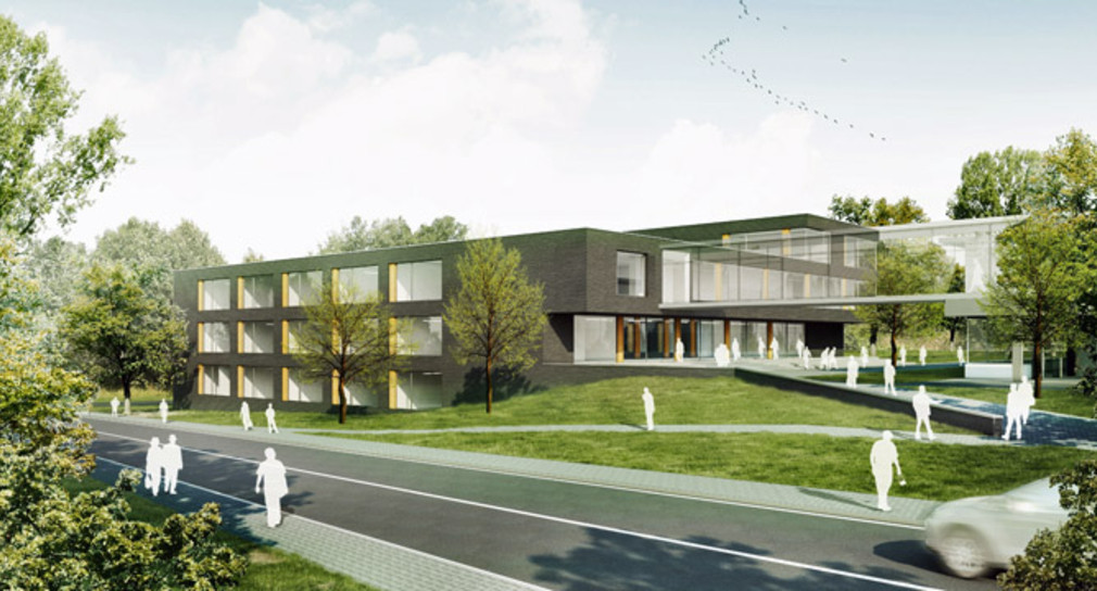Visualisierung der neuen Forschungszentren, die derzeit an der Hochschule Aalen entstehen; Außenansicht. (Quelle: ArGe Architekten, Waldkirch)
