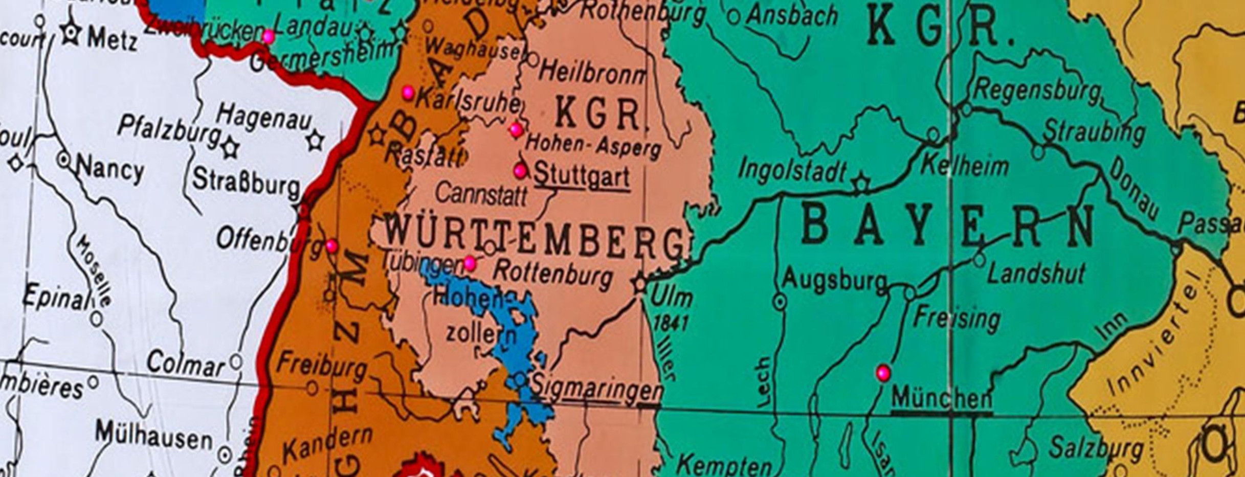 Der Deutsche Bund 1815 (Ausschnitt) - Die Punkte bezeichnen Orte mit Verfassungen im Vormärz. (Bild: Landesmedienzentrum Baden-Württemberg)