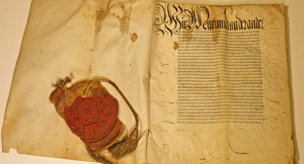 Rechtsbestätigung Kaiser Maximilians II. für die Familie von Schwendi. 14.10.1568. (Foto: Staatsarchiv Freiburg)