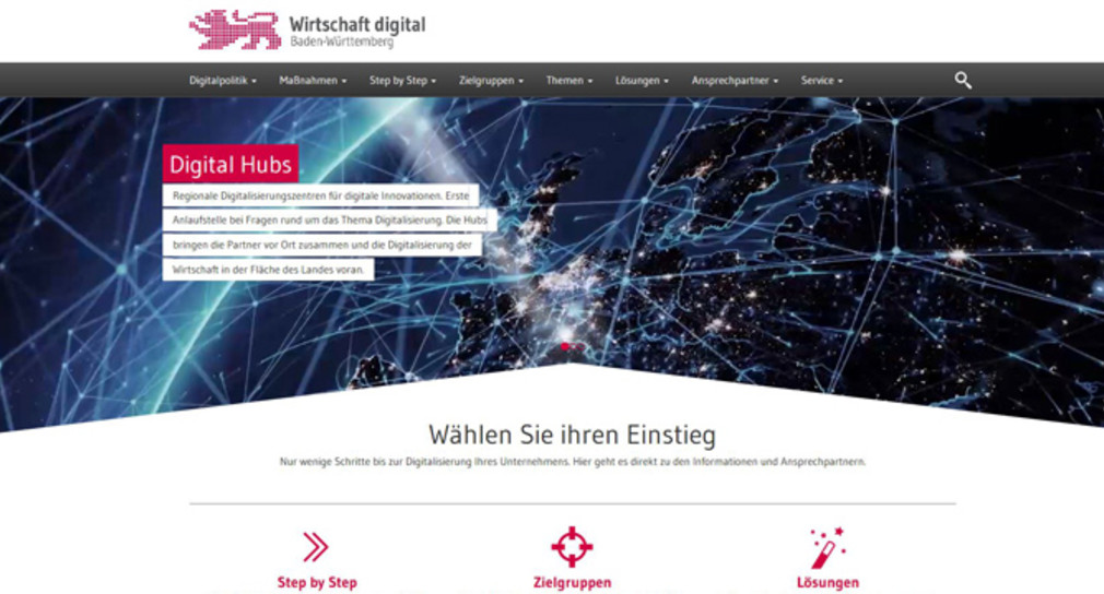 Screenshot der neuen Webseite „Wirtschaft digital Baden-Württemberg“ (Quelle: Ministerium für Wirtschaft, Arbeit und Wohnungsbau Baden-Württemberg)