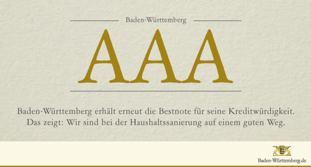 Baden-Württemberg erhält erneut die Bestnote für seine Kreditwürdigkeit. Das zeigt: Wir sind bei der Haushaltssanierung auf einem guten Weg.
