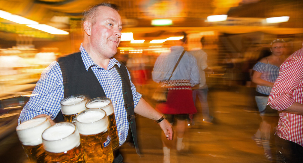 Eine Bedienung trägt in einem Festzelt des Cannstatter Volksfestes in Stuttgart mehrere Bierkrüge (Bild: © dpa).