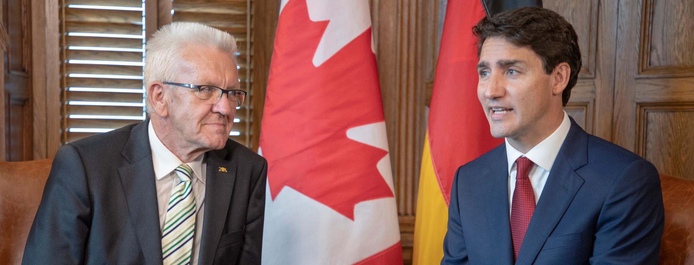 Ministerpräsident Winfried Kretschmann (l.) im Gespräch mit dem kanadischen Premierminister Justin Trudeau (r.) in Ottawa (Bild: Staatsministerium Baden-Württemberg)