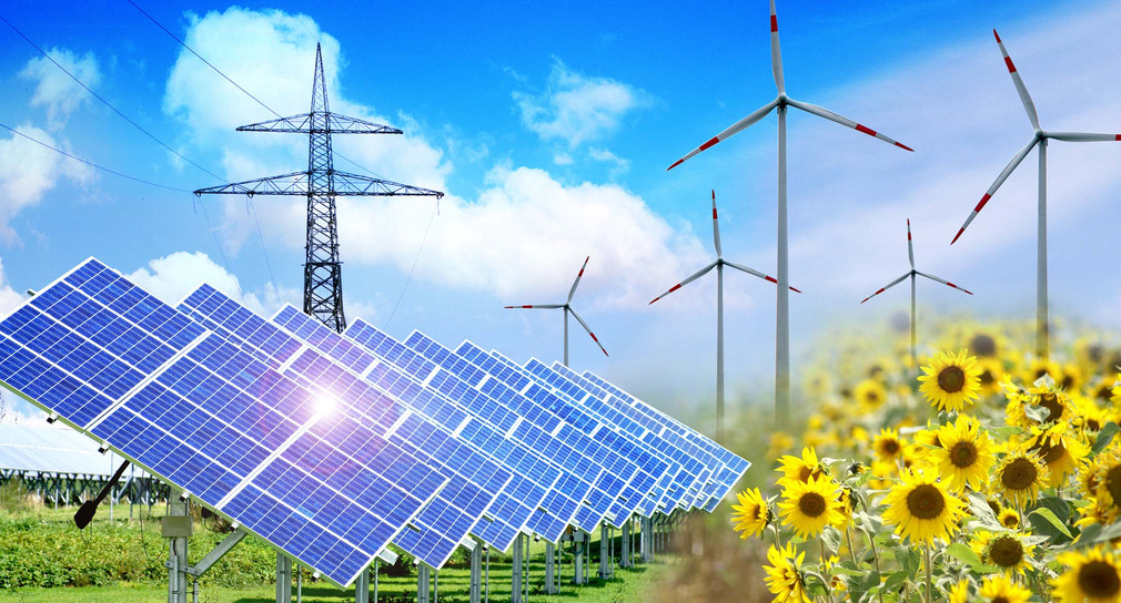 Freiflächen-Photovoltaikanlage mit Strommast und Windrädern im Hintergrund und Sonnenblumen