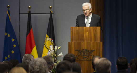 Ministerpräsident Winfried Kretschmann bei seiner Rede in der Landesvertretung in Brüssel