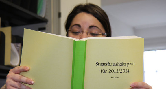 Frau liest in Haushaltsplan 2013/2014.