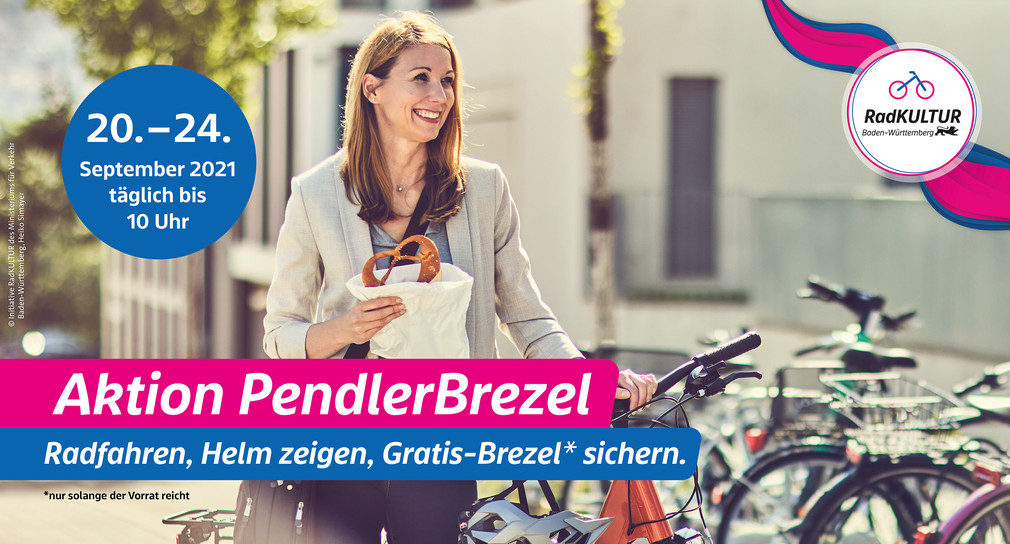 Plakat mit einer Frau die neben ihrem Fahrrad steht mit einer Brezel in der Hand