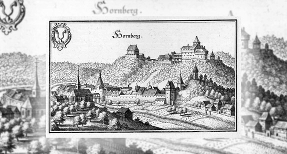 Hornberg um 1643. Stich von Matthäus Merian aus der Topographia Sueviae (Schwaben).