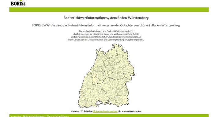 Hauptseite des neu gestarteten Online-Serviceportals BORIS-BW. (Bild: Landesamt für Geoinformation und Landentwicklung)