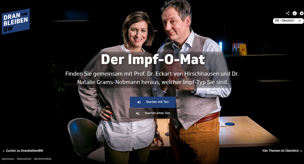 Startbildschirm des Impf-O-Mat mit Eckart von Hirschhausen und Dr. Natalie Grams-Nobmann