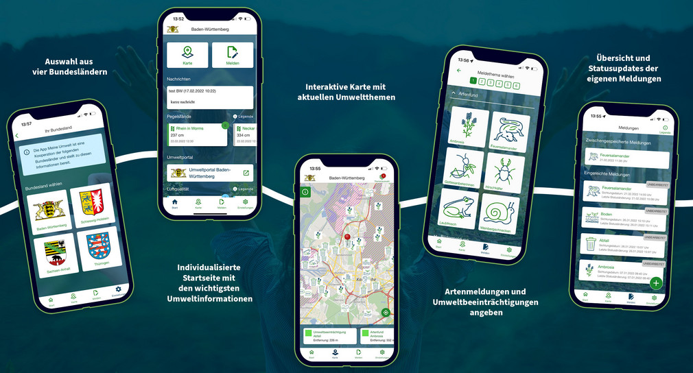 Mit der kostenlosen App „Meine Umwelt“ können sie die Umweltmeldestelle mittels Smartphone unmittelbar vor Ort mit genauer Positionsbestimmung und mit Fotos von der Umweltverschmutzung benachrichtigen. 