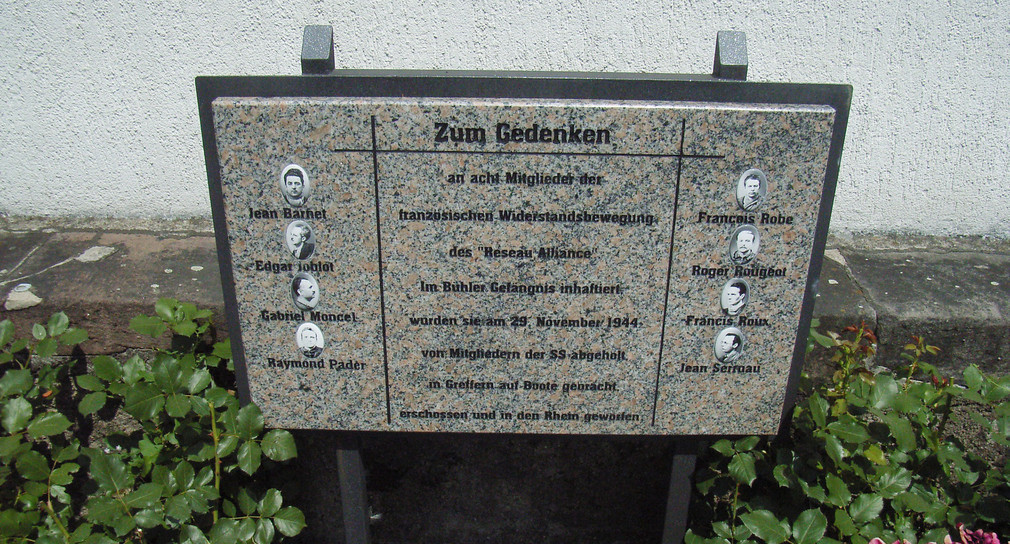 Gedenkstein für von der SS 1944 inhaftierte und ermordete Kämpfer des französischen Widerstands „Reseau Alliance“ in Bühl.