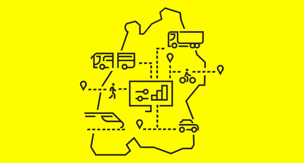 Verschiedene Mobilitätsicons von Bus über Auto bis Bahn liegen auf einer Baden-Württemberg-Karte.