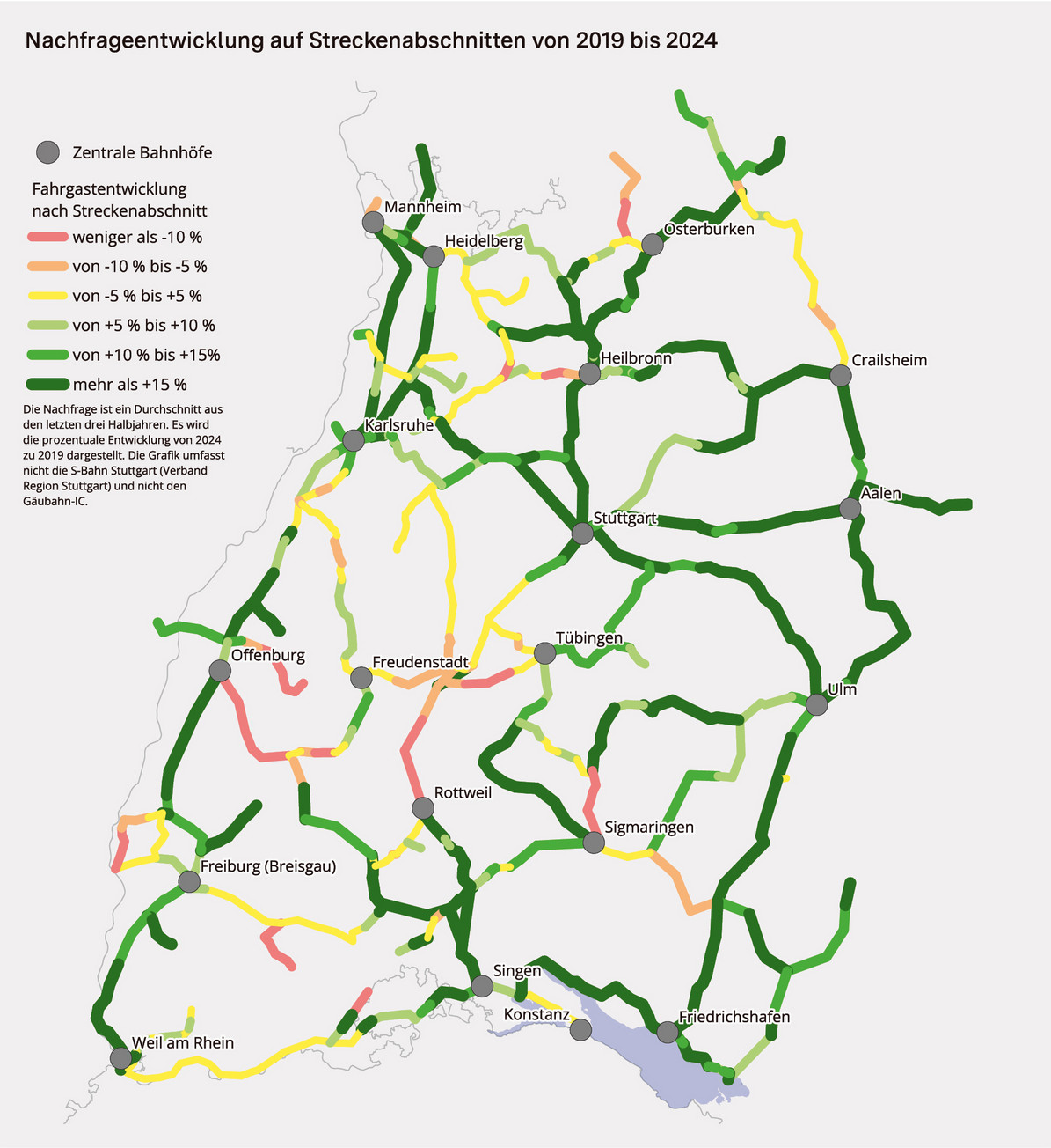 Karte, die die Nachfrageentwicklung von 2019 bis 2024 auf den Schienen-Streckenabschnitten in Baden-Württemberg darstellt