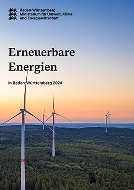 Titelblatt der Broschüre Erneuerbare Energien 2024, Windenergieanlage im Sonnenuntergang