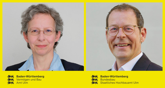 Porträt von Diana Marquardt, neue Amtsleiterin des Amts Ulm von Vermögen und Bau Baden-Württemberg (links), und Simon Schneider, neuer Amtsleiter des Staatlichen Hochbauamts Ulm im Bundesbau Baden-Württemberg (rechts), aufgenommen in Ulm.