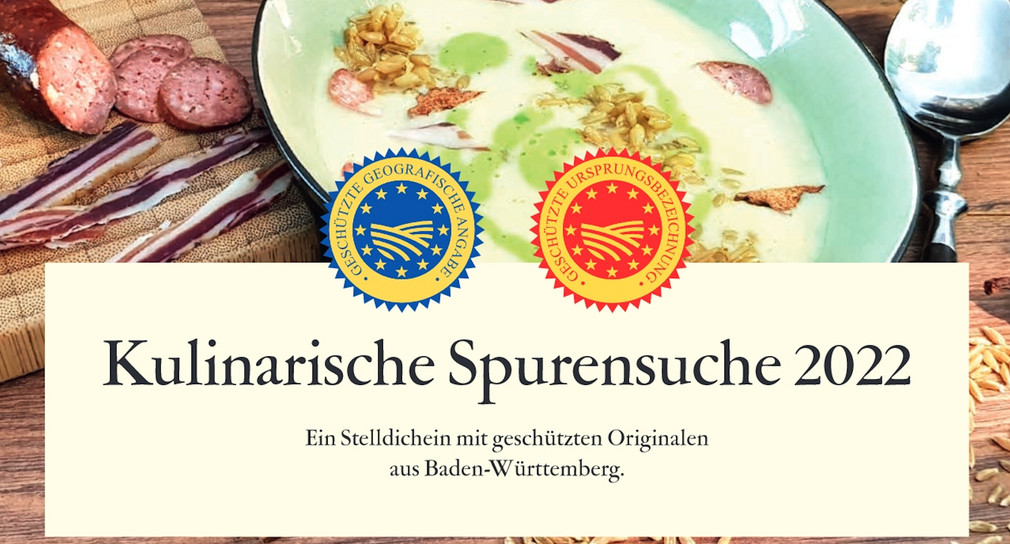 Ein Teller mit Grünkernsuppe, daneben Wurst. Darüber liegt ein Schriftzug: „Kulinarische Spurensuche 2022: Ein virtuelles Stelldichein mit geschützten Originalen aus Baden-Württemberg.“ sowie den Siegeln „geschützte geografische Angabe“ und „geschützte Ursprungsbezeichnung“