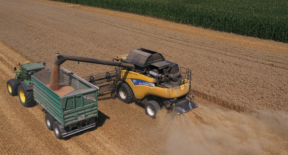 Ein Mähdrescher lädt während der Ernte den geernteten Weizen in einen Anhänger ein, der neben ihm von einem Traktor gezogen wird. (Foto: © dpa)