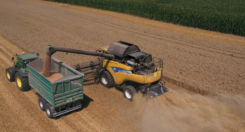 Ein Mähdrescher lädt während der Ernte den geernteten Weizen in einen Anhänger ein, der neben ihm von einem Traktor gezogen wird. (Foto: © dpa)