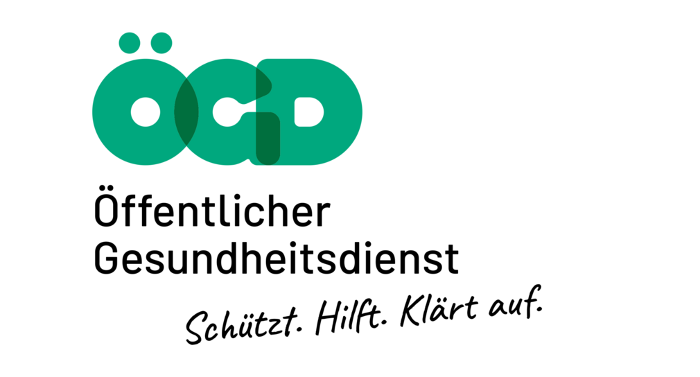 Logo Öffentlicher Gesundheitsdienst. Die Abkürzung "ÖGD" ist in dicken grünen Buchstaben dargestellt. Darunter steht in schwarzer Schrift "Öffentlicher Gesundheitsdienst - Schützt. Hilft. Klärt auf."