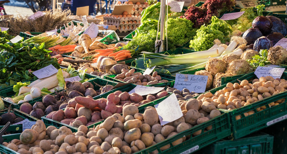 Obst- und Gemüsestand mit frischen Waren aus der Region 