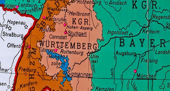 Der Deutsche Bund 1815 (Ausschnitt) - Die Punkte bezeichnen Orte mit Verfassungen im Vormärz. (Bild: Landesmedienzentrum Baden-Württemberg)