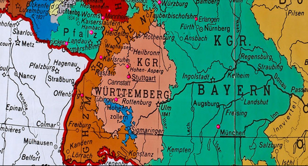 Der Deutsche Bund 1815 (Ausschnitt) - Die Punkte bezeichnen Orte mit Verfassungen im Vormärz. (Bild: Landesmedienzentrum Baden-Württemberg)