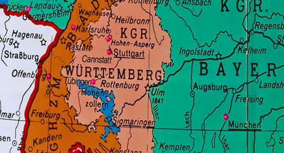 Der Deutsche Bund 1815 (Ausschnitt) - Die Punkte bezeichnen Orte mit Verfassungen im Vormärz. (Bild: Landesmedienzentrum Baden-Württemberg)