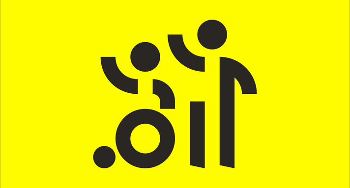 Schwarze Piktogramme einer stehenden Person und einer Person im Rollstuhl auf gelbem Hintergrund.