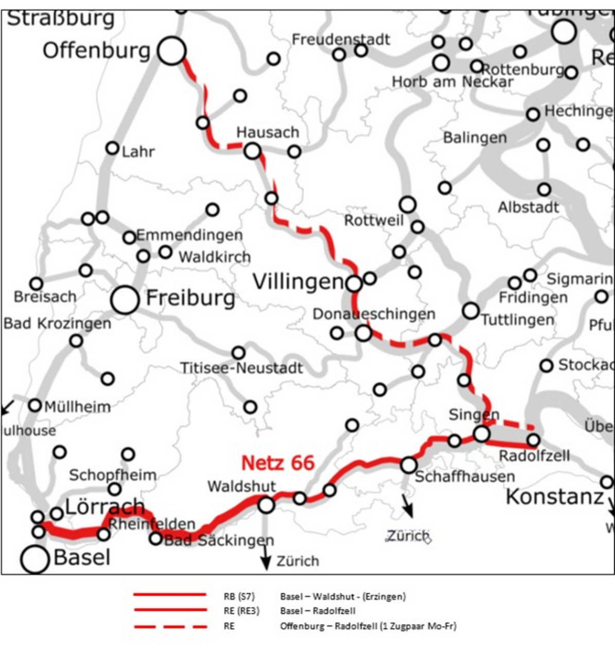 Karte des Netz 66: Hochrhein und den zugehörigen S-Bahn- und RE-Linien.