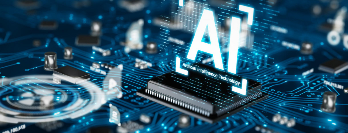 Symbolbild zur Künstlichen Intelligenz mit einem Prozessor und dem Schriftzug "AI Artificial Intelligence Technology"