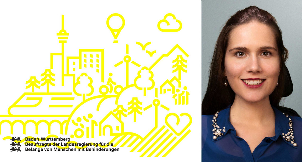 Porträtfoto Nora Welsch, daneben Logo der Beauftragten der Landesregierung für die Belange von Menschen mit Behinderungen in Baden-Württemberg