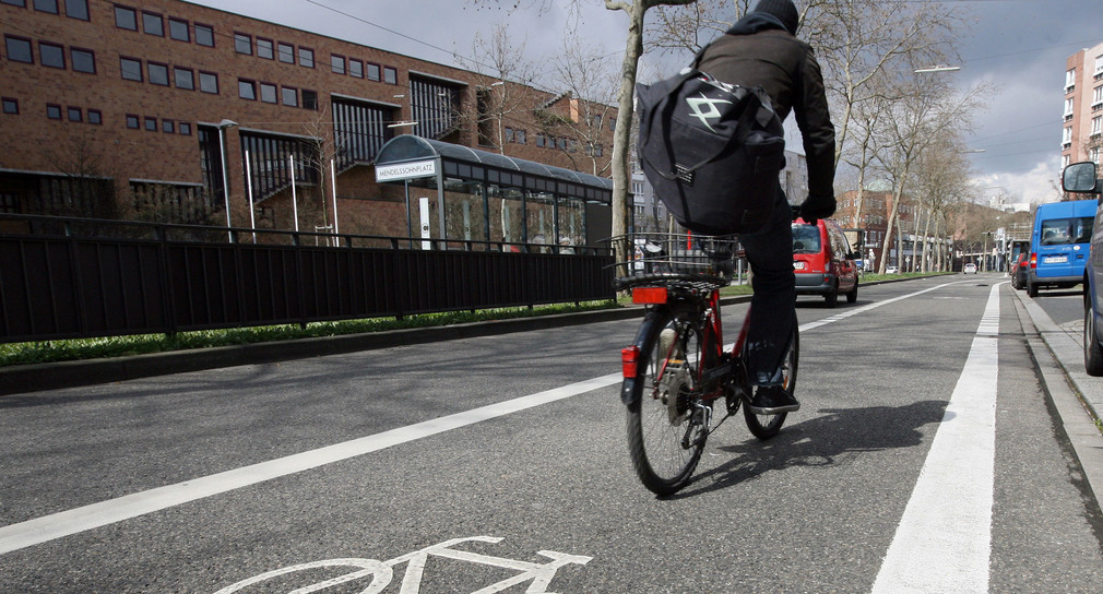 Ein Radfahrer fährt über eine Fahrradspur in der Innenstadt von Karlsruhe. (Bild: dpa)