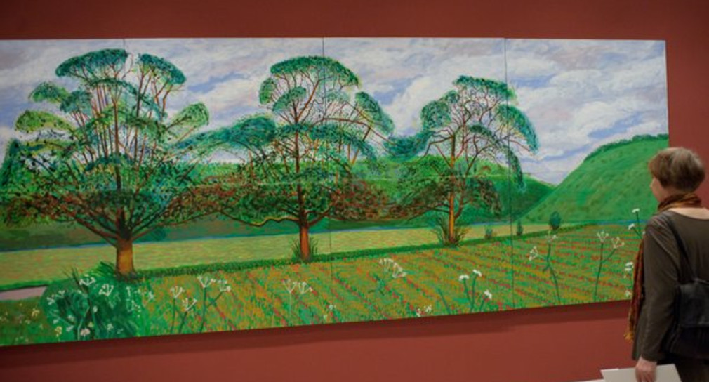 Eine Frau blickt am Freitag (04.11.2011) in der Kunsthalle Würth in Schwäbisch-Hall auf ein Gemälde mit dem Titel "Thee Trees near Thixendale" des Künstlers David Hockney das Teil der Ausstellung Waldeslust ist.