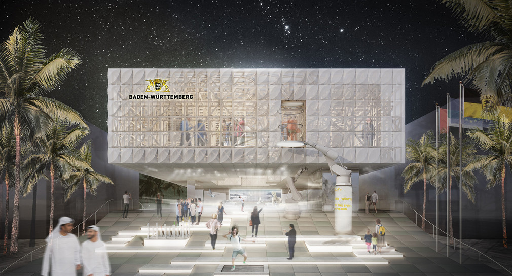Die Computergrafik zeigt einen Plan für den Baden-Württemberg Pavillon für die Weltausstellung Expo in Dubai aus dem Jahr 2019. (Bild: picture alliance/Helbig Knippers /Arge VONM/Ingenieurkammer Baden-Württemberg/dpa)