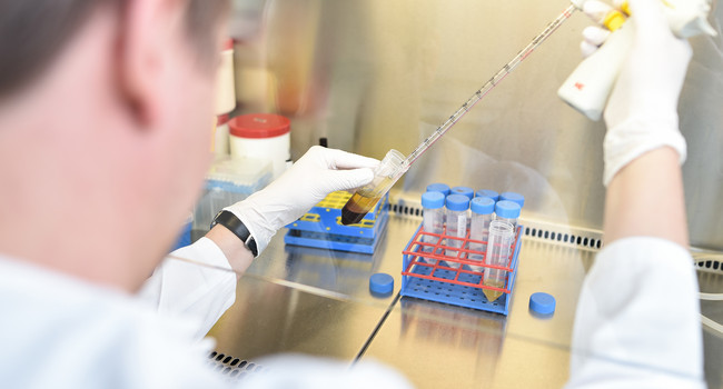 Ein Krebsforscher arbeitet in einem Labor des Nationalen Centrums für Tumorerkrankungen in Heidelberg mit einer Pipette. (Bild: picture alliance/picture alliance / dpa)']