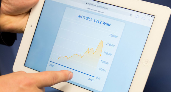 Ein Tablet-Computer zeigt die durch die Sonnenenergie erzeugte Leistung einer Photovoltaik-Anlage. (Foto: © dpa)