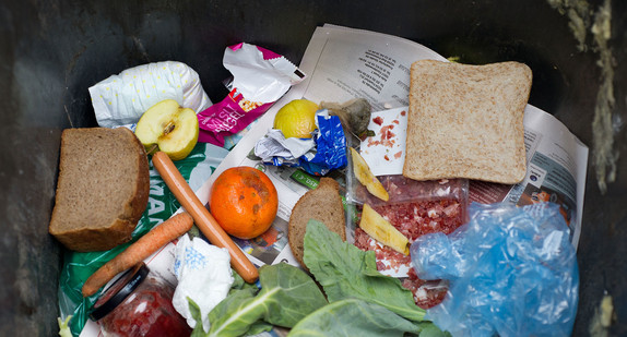 Lebensmittel liegen in einer Mülltonne. (Foto: © Patrick Pleul / dpa)
