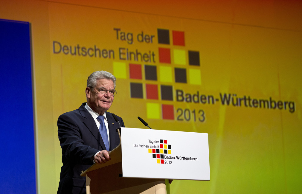 Bundespräsident Joachim Gauck bei seiner Rede beim Festakt zum Tag der deutschen Einheit in der Liederhalle