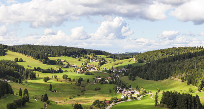 Landschaftsaufnahme der Gemeinde Schluchsee im Schwarzwald mit grünen Wiesen, verstreuten Häusern und bewaldeten Hügeln unter bewölktem Himmel