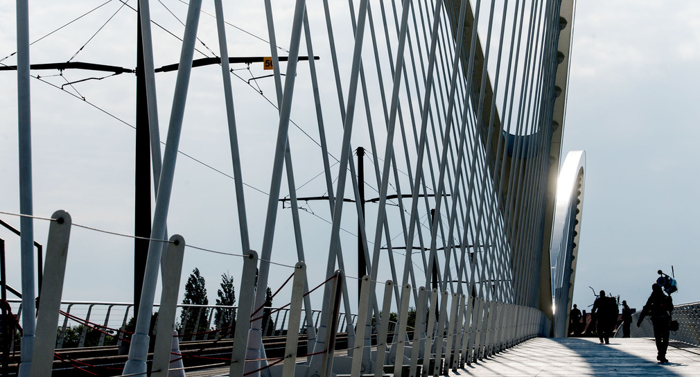 Die Übersichtsaufnahme zeigt die neue Beatus-Rhenanus-Brücke, die zwischen Kehl und Straßburg den Rhein überspannt. (Foto: © dpa)