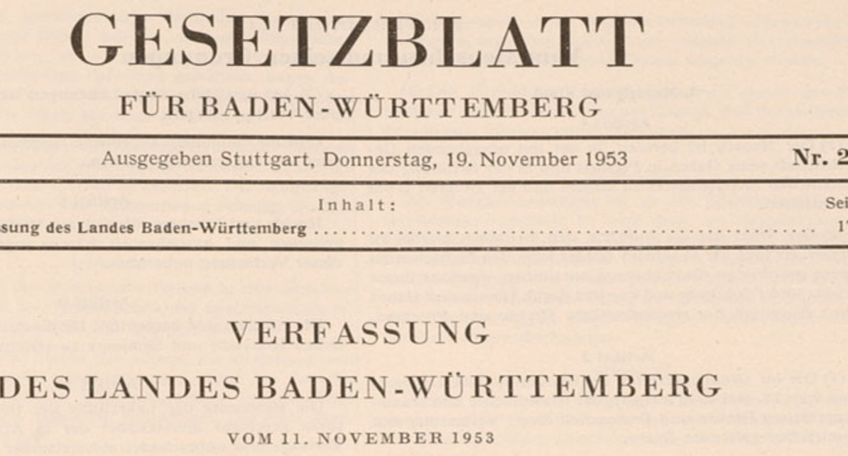 Auszug aus dem Original-Gesetzblatt von 1953, in dem die neue Landesverfassung für Baden-Württemberg veröffentlicht wurde. (Bild: Haus der Geschichte Stuttgart)