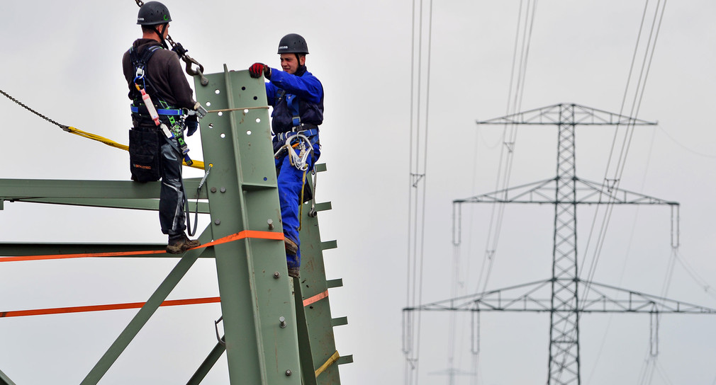 Monteure arbeiten an einem Strommast (Bild: © dpa).