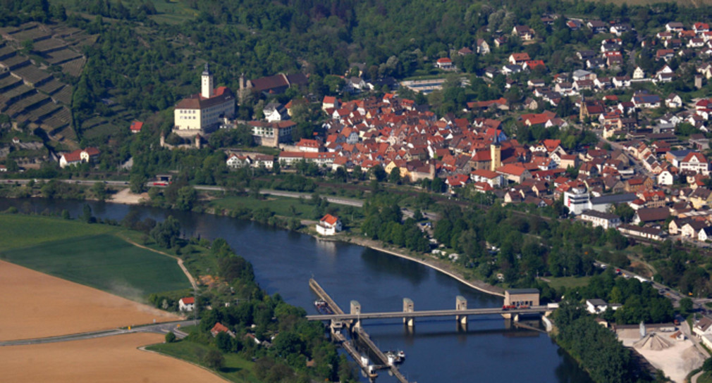 Blick über den Neckar auf Gundelsheim und Schloss Horneck. (c) TMBW/Achim Mende