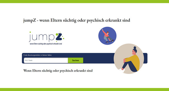 Screenshot der Website www.jumpz-bw.de mit Suchfeld für Beratungsstellen in der Nähe und Illustrationen von einem Jungen auf Skateboard und sitzende junge Frau