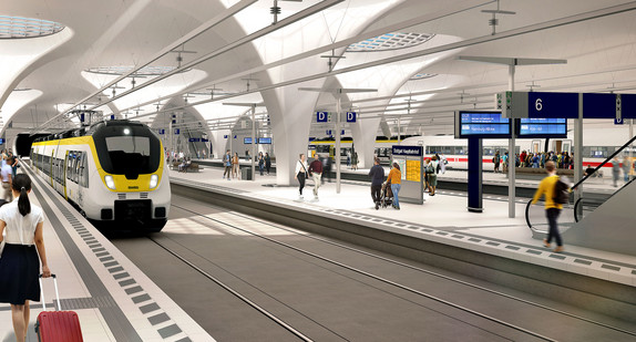Rendering der Bahnsteighalle von Stuttgart 21 mit einem einfahrenden Zug.