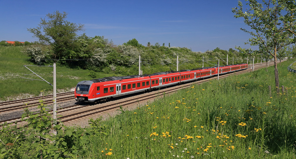 Regiobahn fährt auf Schienen durch eine grüne Landschaft.