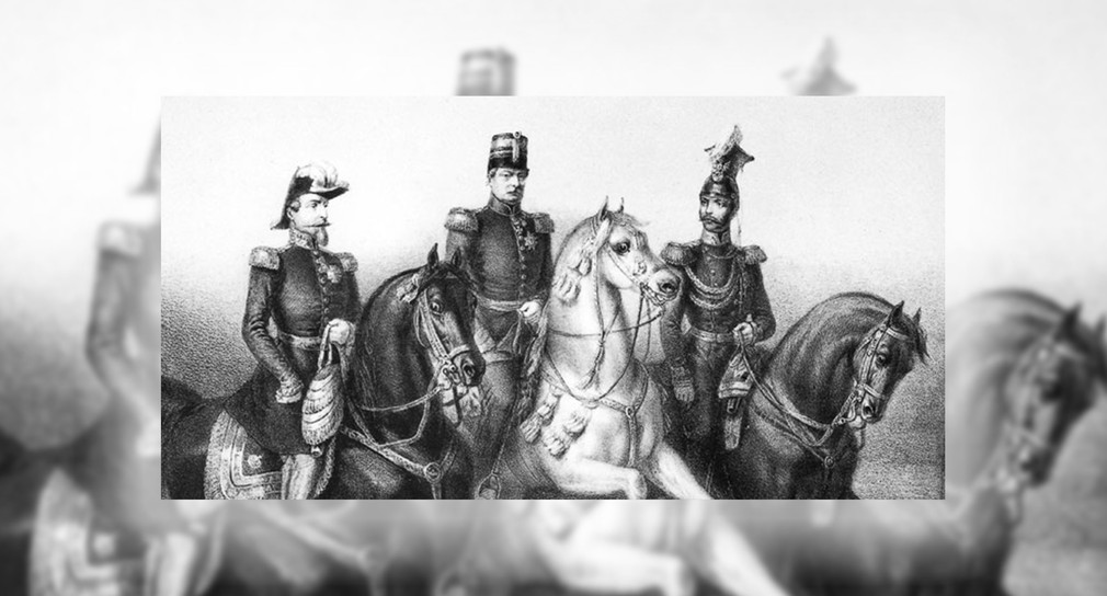König Wilhelm I. von Württemberg mit Kaiser Alexander II. von Russland (r.) und Napoleon III (l.). zu Pferde. Ankunft auf dem Cannstatter Volksfest. Lithographie von 1857 (Ausschnitt).  (Bild: Landesmedienzentrum Baden-Württemberg)