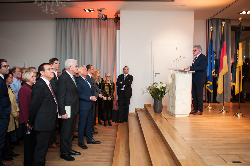 Der Minister der Justiz und für Europa, Guido Wolf (r.) bei seiner Rede vor den Gästen (Bild: © Vertretung des Landes Baden-Württemberg bei der Europäischen Union/FKPH)